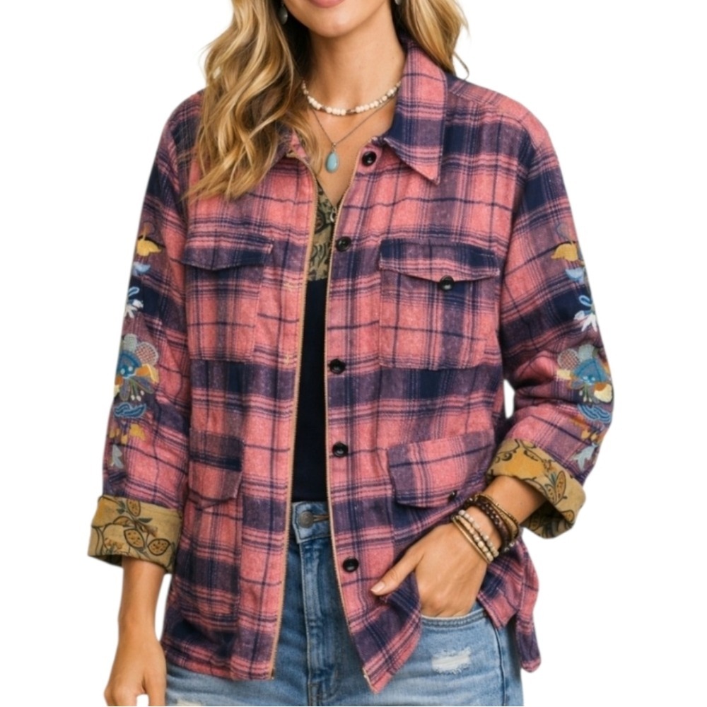Avani Del Amour Embroidered Plaid Jacket Large Coral Floral Lined Boho Shacket
